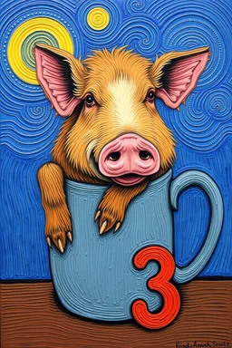 a true van gogh with a giant hog in a mug, and the number 3 for trinity