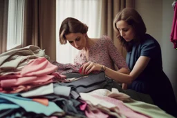 fotografía real, realizada con una cámara Canon y un objetivo de 35 mm, de una mujer europea seleccionando ropa entre un montón