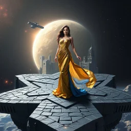A breathtaking cosmic fantasy scene featuring a stunningly realistic beautiful woman with a perfect face and sculpted figure standing gracefully at the center of a floating geometric platform in deep space. She wears an elegant flowing gown in vibrant gold and blue hues that billow around her perfect form. The huge platform is constructed from dark cobblestone-like blocks arranged in a star shape and Space Station landed over it. Surrounding her are CIFI buildings