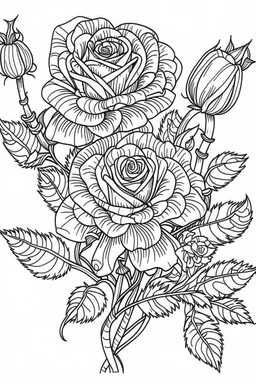 Outline art for coloring page, ROSES WITH STEMS, coloring page, white background, Sketch style, only use outline, clean line art, white background, no shadows, no shading, no color, clear