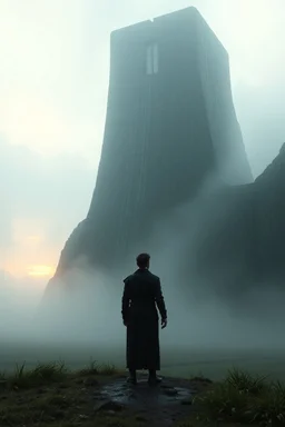 The prince standing at the base of the Needle(the mega high prison tower with one window on top), soaked and exhausted but alive, dawn breaking over the misty fields.