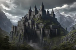 A large dark-stone medieval citadel called the Order of the Ebon Vanguard, nestled in a secluded location among some high peak mountains. medieval fantasy, 16k HDR, ultra realistic,