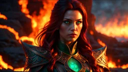 Armageddon. ragnarok. molten lava. 18 year old female sorcerer. fantastic beautiful emerald green eyes. blue and orange fire. red spexquisite realism, a masterpiece, fantasy concept art, dynamic lighting, hyperdetailed, intricately detailed, deep color, Unreal Engine, volumetric lighting , Epic cinematic brilliant stunning intricate meticulously detailed dramatic atmospheric maximal, CAMERA: Nikon Z7 | FOCAL LENGTH: 105mm | SHOT TYPE: Close-up | COMPOSITION: Centered | LIGHTING: Soft, directiona