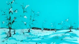 A cyan snowfield with falling snowflakes painted by Andy Warhol