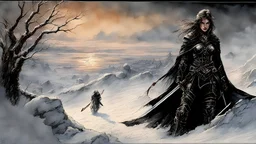 Hyper-photorealistic watercolor art style by Luis Royo , a warrior woman in black armor on the background of a cold snow-covered country, ice and crystal, frost and snow, hyperdetailed face, full body diagonal shot, encounters male bandits in dark fantasy countryside setting, absence of mysterious elements, dramatic lighting, ultrafine detail, octane rendering., darkness world