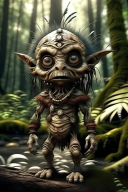 Créature humanoïde, hyper réaliste, mignon, dans la forêt, style tribu indigène de la forêt, qui ressemble à un amérindien