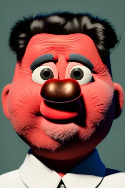 Waist up muppet Portrait, Kim Jong-un muppet doll, black suit, photo studio, red background, unreal engine 5, concept art, art station, god lights, ray tracing, RTX, lumen lighting, ultra detail, volumetric lighting, 3d.