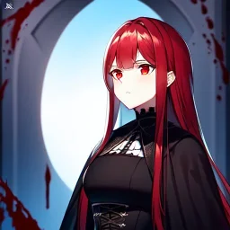 portrait anime vampire, long hair, red eyes, noble black robe, Blood, background Gothic castle, hyper detailed, intricately detailed, gothic, ambiguous lines image, flat dimensional style, flat lines, rough drawing --ar 2:3