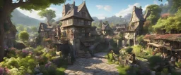 a clock-house in a beautiful surreal sunny countryside market scene with distant hills, many conjoining intricate characterful dwellings (designed by Esher), many paths & walkways & stairways, waterfalls & a waterwheel : ultra high detail, photorealistic, epic cinematic, 8K, Large depth of field