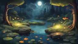 Paisaje que muestra un estanque mágico escondido en lo profundo del bosque, es de noche, hay peces que brillan con la luz de la luna, está lloviendo, hay sapos en la cima de una roca cerca del estanque y hay algunas luciérnagas que rodean el paisaje.