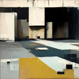 Minimal contemporary abstract oil paintings of desolate 1960s carpark with road markings and concrete fragments. Overlay with grungy typography graphics. style of Justin Mortimer and Francis Bacon.