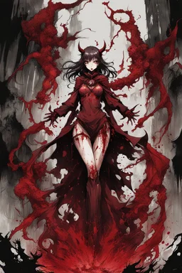 Demon girl wizard in front, fullbody, air view, behind blood guts rising from the ground, illustration by <Yoji Shinkawa>, darkred tones,