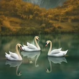 two swans in a romantic lake, dark green and warm yellow color, fantasy atmosphere, photo quality