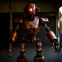 trash mech suit, human-sized, made of scrap metal, small, cockpit, light rust, round, red glowing eyes