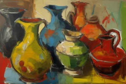 Oil painting of Vases and jugs in the style of frank Auerbach