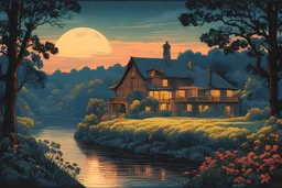 museum quality color woodcut landscape of a fanciful 1920's rustic French country cottage nestled on the banks of the Dordogne River, on a foggy moonlit night, in the style of Gustave Baumann, with a fine art aesthetic, highly detailed, finely cut ,8k render, soft early Spring colors