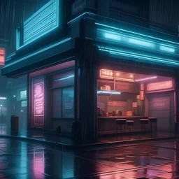 a coffeehouse in Blade Runner futuristic retrowave colors high quality photo 4k hazy booths "rain outdoors"