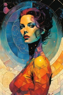 create a wildly abstract woman utilizing elements of Sacred Geometry, in the comic book art style of Bill Sienkiewicz, Mike Mignola, and Jean Giraud Moebius, finely textured, drawn, colored, and inked