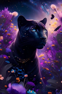 Black panther surrounded by millions of brilliant flowers in space