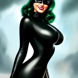 ultra detailed fullbody portrait of busty beautiful CatWoman, wearing skintight Black costume, extremely detailed digital painting, intrincate, extremely detailed smiling face,crystal clear Big Green eyes, in the style of Adam Hughes , mystical colors , perfectly centered image, perfect composition, rim light, beautiful lighting,8k, stunning scene, raytracing