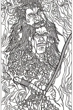 coloring book page of a gigantic troll holding a sword