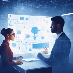 [in the context of Data Curation and Artificial Intelligence] women and men from the industry thinking together in front of a complex blueprint with flowcharts, they are considering use cases