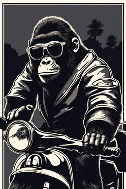 Ape on a scooter wearing sunglasses, logo