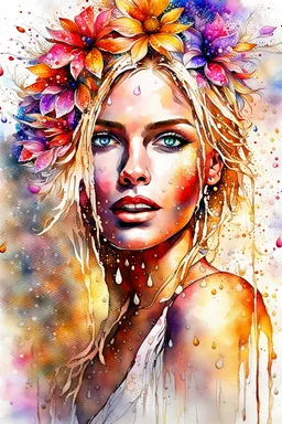 Gorgeous wet look watercolour, a beautiful sensual blond blonde woman, beautiful late summer flowers, colourful, enchanting, wet on wet, silver and gold drops, sparkling lights, winning, intricate, beautiful, gorgeous by Yossi Kotler,