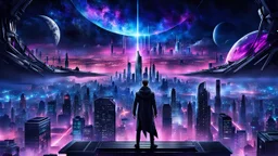 Lonely Night in the City, futuristic cityscape with a man standing at the edge of a rooftop, overlooking the vast city in the dark of night. The city lights illuminate the scene, creating a mysterious and captivating atmosphere. Deep nigt with nebula, and blue, pink, dark purple and white led lights of the tall, extreme futuristic city, scifi vibe