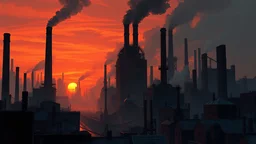 a painting of Gotham's Industrial District: A gritty, industrial area with towering smokestacks and abandoned factories. The scene is set at dusk, with the sky tinged orange from the setting sun and the air thick with smoke, Gotham city :: dark night, gothic architecture, noir film ambiance, modern days, autumn :: a storybook illustration by James Gilleard, accurate details, behance contest winner, 2d game art, storybook illustration, rich color palette