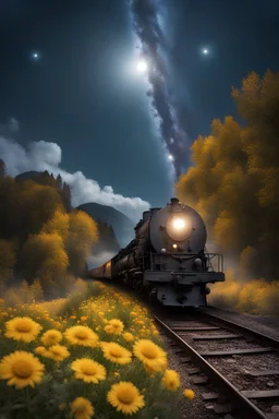 hyperrealistilow angle, shot from below. two very large moons in night sky. milky way in the night sky. 3 0 second shot. heavy meteor shower. field of big frozen yellow flowers. f 1. 8 lens, 8 mm, lens flare, bokeh. high detail. photorealisticc antique locomotive railroad in the mountains, beautiful landscape, cloudy, super hyperdetailed