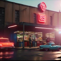 Ultra Realistic retro sci-fi afire Supermarket parking scene, 1960 year. blonde woman, sweet scarlet Johansson face, perfect iris, glow eyes, face makeup, tight latex coat; many panic people looking, Retro sci-fi style, soft color, highly detailed, unreal engine 5, ray tracing, RTX, lumen lighting, ultra detail, volumetric lighting, 3d, finely drawn, high definition, high resolution.