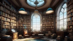 A living room with walls of infinite books and an hourglass flowing upwards