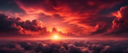 Bright red sunset. Dramatic evening sky with clouds. Fiery skies with space for design. Magic fantasy sky. War, battle, terror, world apocalypse, horror concept.