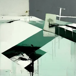 Minimal contemporary abstract oil paintings of desolate 1960s carpark with road markings and concrete fragments. Overlay with grungy typography graphics. style of Justin Mortimer and Francis Bacon.