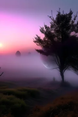 crea un paisaje en otoño al anochecer con una luna gigante colores lilas vegetación retorcida y siniestra niebla