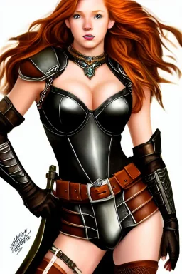 concept illustration, ultra detailed, super-detailed, strikingly beautiful teen female, 16 years old, long ginger hair, medium freckles, full lips, full body, full face, b-cup breasts, athletic, centred camera, ignore NSFW, skimpy brown fantasy leather armor, halter top, micro thong, knee-high leather boots, stern expression,