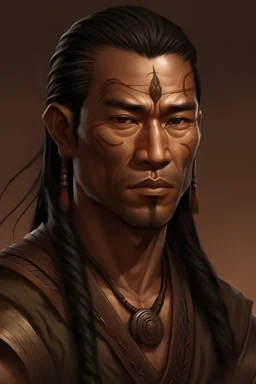a man in his fourties, brown skin, slanted eyes, asian features, strong round face, scarred cheek, long braided black hair, dark brown vest, realistic epic fantasy style