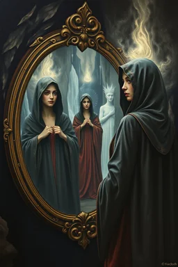 a hooded woman standing in front of a mirror with reflection of her as a beautiful queen with a spiritual background the mirror, in the dark cave with waterfalls in the background, Bosch painting style