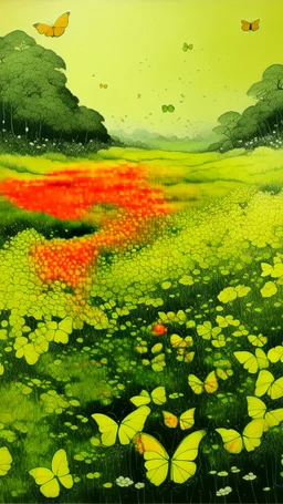 A yellow stinky field with butterflies painted by Zhang Lu
