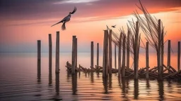 Large birds fly between long, fragile bamboo pillars that support dilapidated cabins in uncertain balance, over a calm sea where small fishing boats work, in an atmosphere of reddish sunset