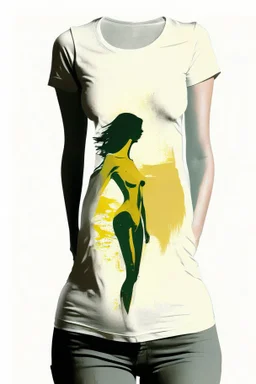 A minimalist, t-shirt design with a vintage twist, featuring a sleek and stylized unclad woman's body silhouette against a faded, women's body is a painting about nature, awesome, bright.