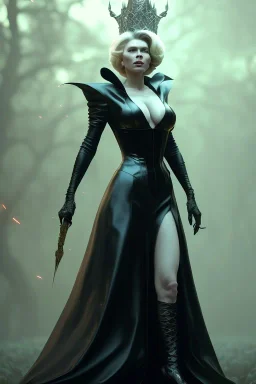 Hannah Waddingham as evil queen in black leather gown, busty, cleavage, voluptous, rebecca Welton, angry, stern look. character design by cory loftis, fenghua zhong, ryohei hase, ismail inceoglu and ruan jia. unreal engine 5, artistic lighting, highly detailed, photorealistic, fantasy