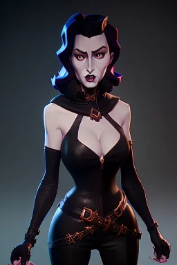 Rita Hayworth as evil queen in black leather, leather, busty, cleavage, angry, stern look. character design by cory loftis, fenghua zhong, ryohei hase, ismail inceoglu and ruan jia. unreal engine 5, artistic lighting, highly detailed, photorealistic, fantasy