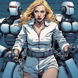 The anger of an detained attractive woman with wavy blond hair with handcuffs in a straitjacket fighting as she is dragged to her cell by two dark blue robots