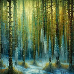 Grunge textured abstract impasto mixed media painting with dripping paint, fantastical otherworldly frozen winterscape with iridescent metallic colors, silver lines, style Amanda Clarke, Andy Kehoe, Feininger, Klimt, Klee. Reflective frozen pond, surrounded by whimsical, filigree, impressive frosted trees standing tall between extraordinary storybook houses; tendrils, grasses, cattails. Dramatic sky with stormy clouds. with mercury glass patina, glowing golden sparks, vibrant iridescent colours,