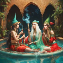 three elves in a harem smoking hookah in a pool