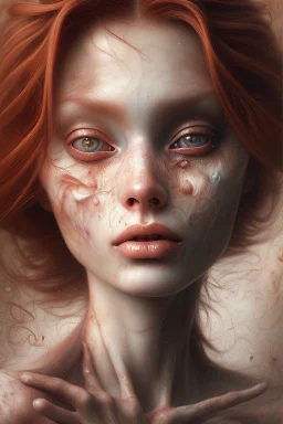 prompt: An image of a red-haired beautiful girl in the style of Mike Worrall, Stefan Gesell, Anton Semenov, Arthur Boyd, Gerald Scarfe, Wlad Safronow, Yves Tanguy and Christine Ellger. Style airbrush art with very soft muted colours and a hazy atmosphere. Bold oil paintings with thick brushstrokes and spots --ar 16:9