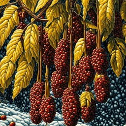 Exquisitely detailed branch of large, shiny, plump, juicy, very dark red-burgundy-colored cherries in watercolor, sunlit. Full-screen, wide-screen, sharp-focus, very close up. The background of the illustration extending all the way to the edges of the paper is a very small, very detailed mini-Cubist canvas, with style elements recalling Juan Gris, Paul Cézanne and Paul Klee, intricate, colored in a delicate, washed-out yellow-green-apricot abstract pattern with outline details. The watercolor i