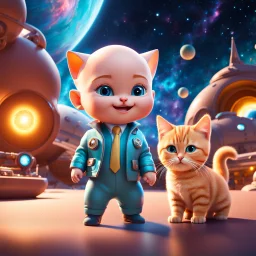 (masterpiece, best quality, 8k, RAW photo, beautiful and aesthetic:1.2), complex detail, Indirect light, photorealistic, (((full body))), Cosmic Boss Baby style smiling, bald, with a ginger cat companion, colorfull Sci-Fi environment